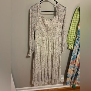 Floral Smocked Long Sleeve Midi Dress - Cream